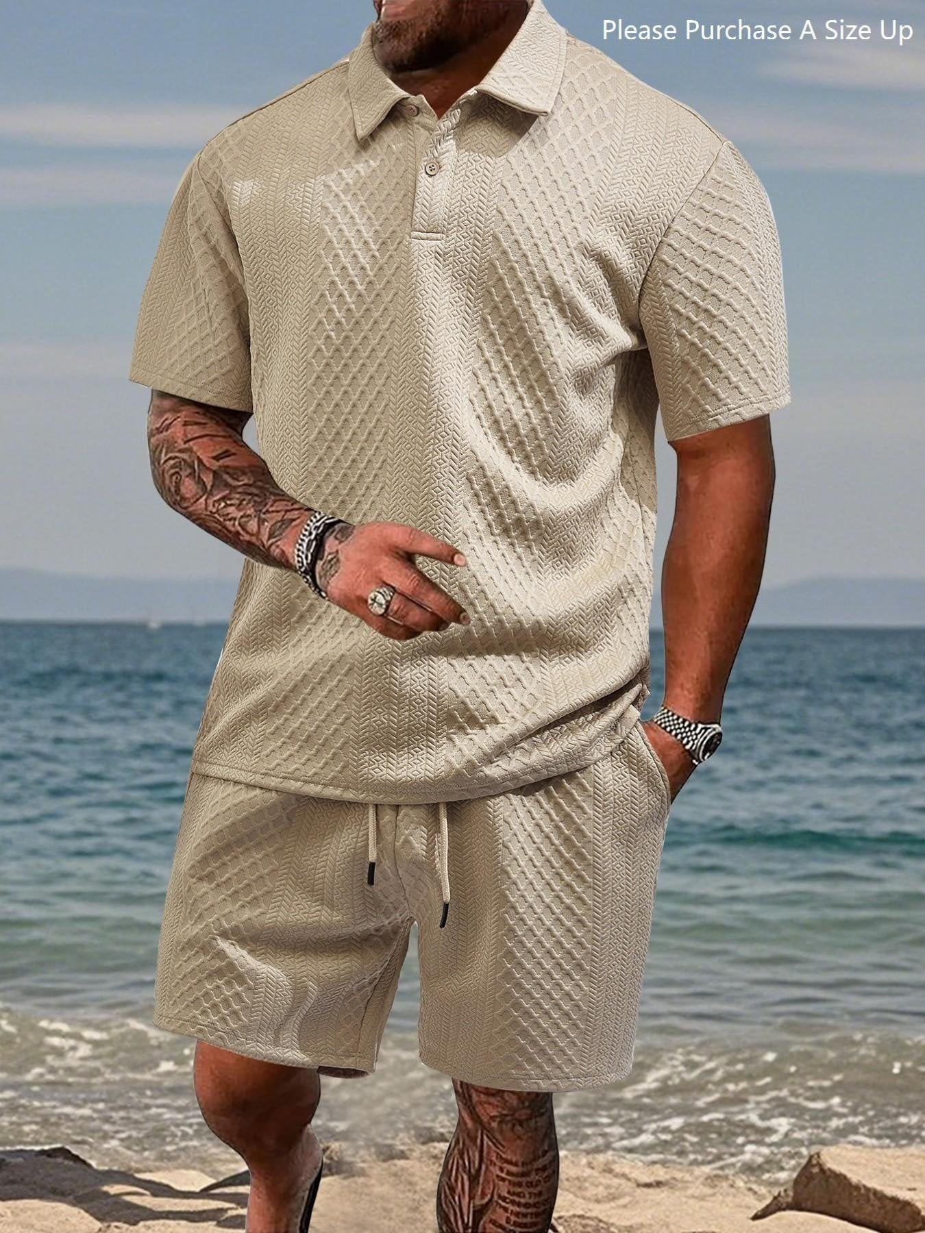⏱️Second item 40% off🔥Men's Solid Polo Shirt & Drawstring Waist Shorts Set