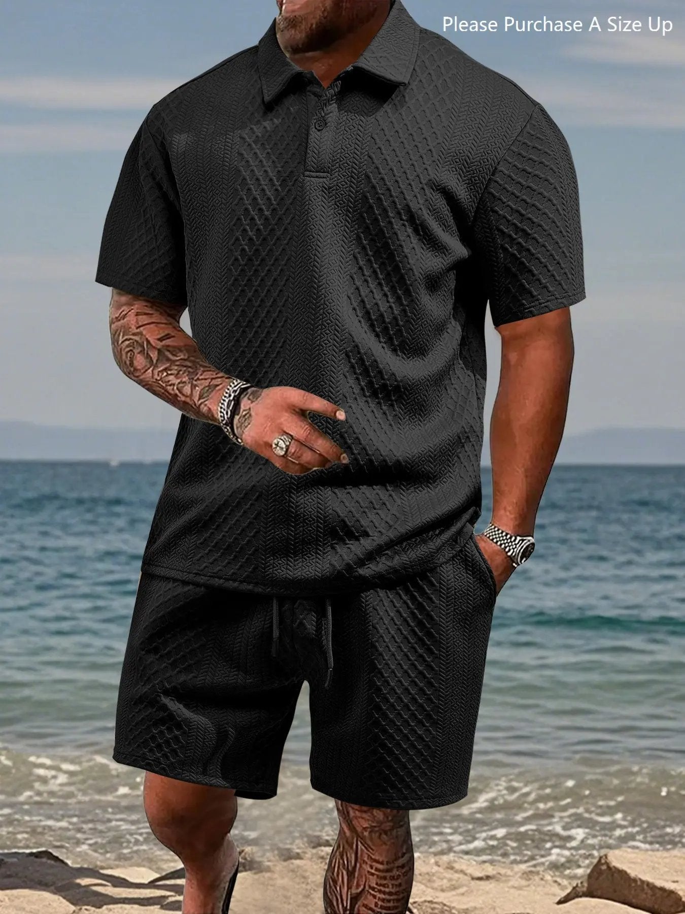 ⏱️Second item 40% off🔥Men's Solid Polo Shirt & Drawstring Waist Shorts Set